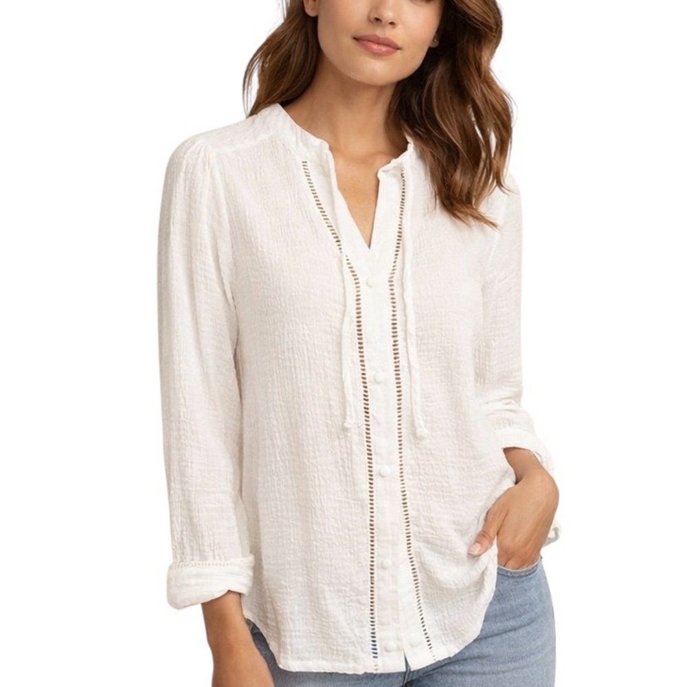 Design History Crinkled  Gauze White Cotton Button Down Long Sleeve Shirt